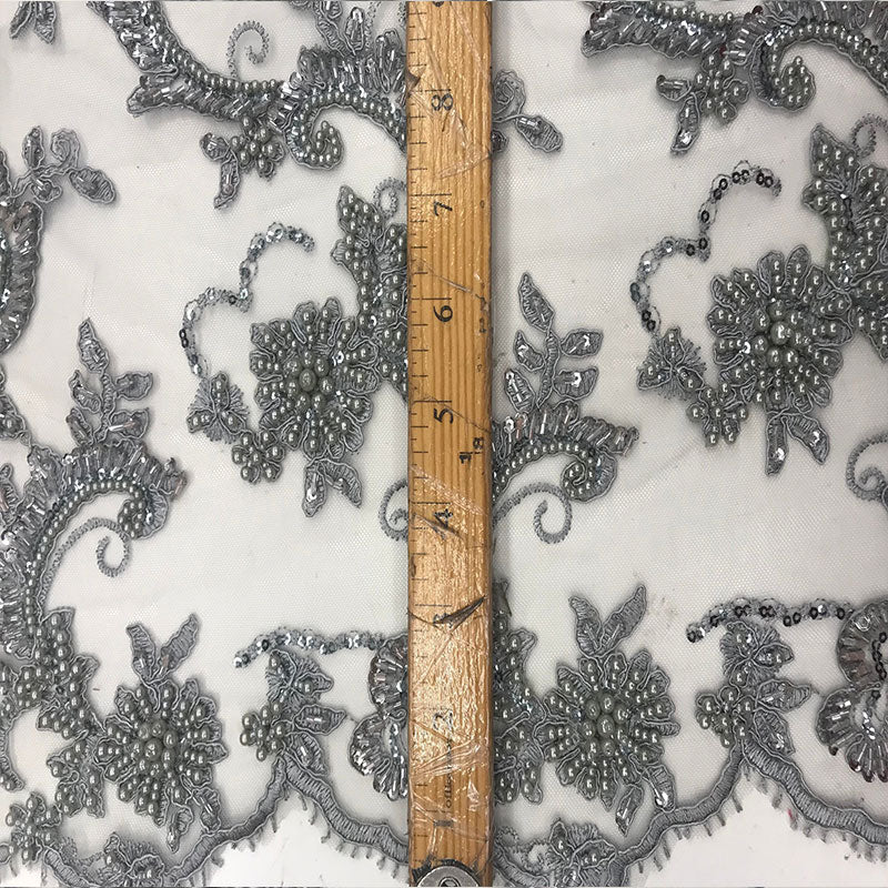 Silver Fine Embroidered Mesh Lace With Beads Bridal Wedding FabricICE FABRICSICE FABRICSSilver Fine Embroidered Mesh Lace With Beads Bridal Wedding Fabric ICE FABRICS