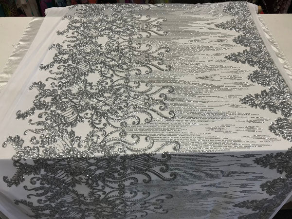 Silver Luxury Design Embroidered 4 Way Stretch Sequin Fabric Sold By The YardICE FABRICSICE FABRICSSilver Luxury Design Embroidered 4 Way Stretch Sequin Fabric Sold By The Yard ICE FABRICS