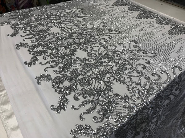 Silver Luxury Design Embroidered 4 Way Stretch Sequin Fabric Sold By The YardICE FABRICSICE FABRICSSilver Luxury Design Embroidered 4 Way Stretch Sequin Fabric Sold By The Yard ICE FABRICS