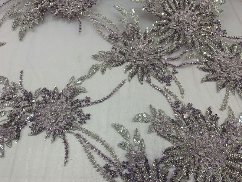 Silver Modern French 3D Embroidered Hand Beaded Flowers On Purple Luxury Mesh Lace FabricICEFABRICICE FABRICSSilver Modern French 3D Embroidered Hand Beaded Flowers On Purple Luxury Mesh Lace Fabric ICEFABRIC