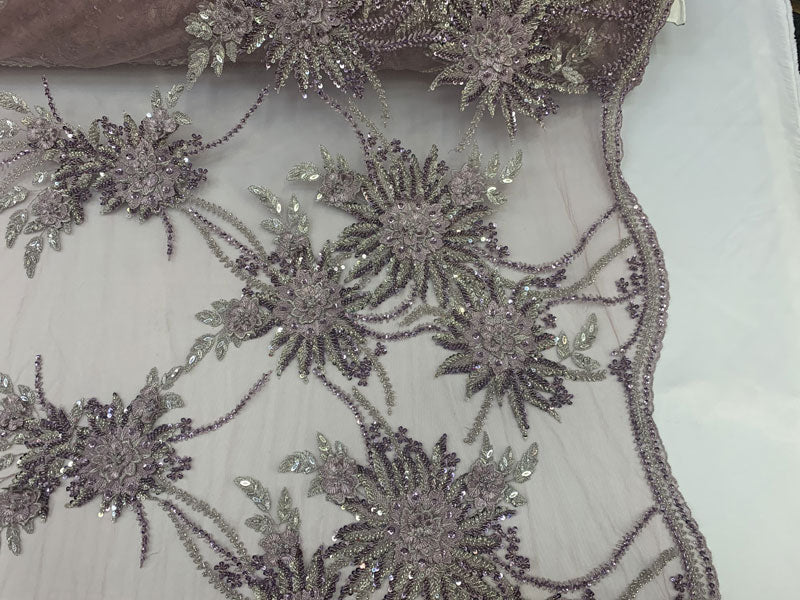 Silver Modern French 3D Embroidered Hand Beaded Flowers On Purple Luxury Mesh Lace FabricICEFABRICICE FABRICSSilver Modern French 3D Embroidered Hand Beaded Flowers On Purple Luxury Mesh Lace Fabric ICEFABRIC