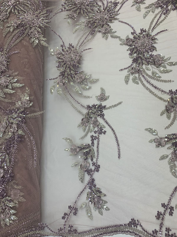 Silver Modern French 3D Embroidered Hand Beaded Flowers On Purple Luxury Mesh Lace FabricICEFABRICICE FABRICSSilver Modern French 3D Embroidered Hand Beaded Flowers On Purple Luxury Mesh Lace Fabric ICEFABRIC