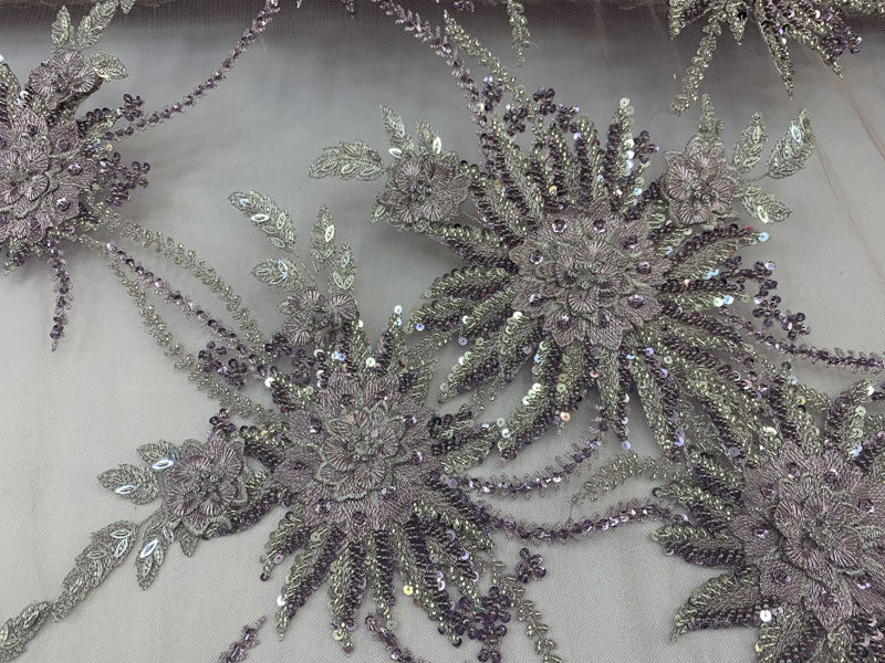 Silver Modern French 3D Embroidered Hand Beaded Flowers On Purple Luxury Mesh Lace FabricICEFABRICICE FABRICSSilver Modern French 3D Embroidered Hand Beaded Flowers On Purple Luxury Mesh Lace Fabric ICEFABRIC
