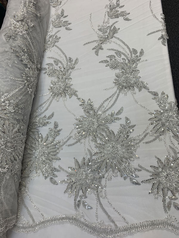 Silver White French Modern 3D Flowers Designer Hand Beading Luxury Mesh Lace FabricICEFABRICICE FABRICSSilver White French Modern 3D Flowers Designer Hand Beading Luxury Mesh Lace Fabric ICEFABRIC