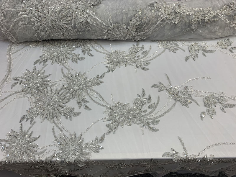 Silver White French Modern 3D Flowers Designer Hand Beading Luxury Mesh Lace FabricICEFABRICICE FABRICSSilver White French Modern 3D Flowers Designer Hand Beading Luxury Mesh Lace Fabric ICEFABRIC