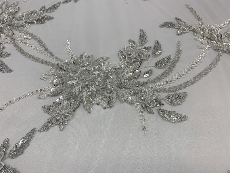 Silver White French Modern 3D Flowers Designer Hand Beading Luxury Mesh Lace FabricICEFABRICICE FABRICSSilver White French Modern 3D Flowers Designer Hand Beading Luxury Mesh Lace Fabric ICEFABRIC