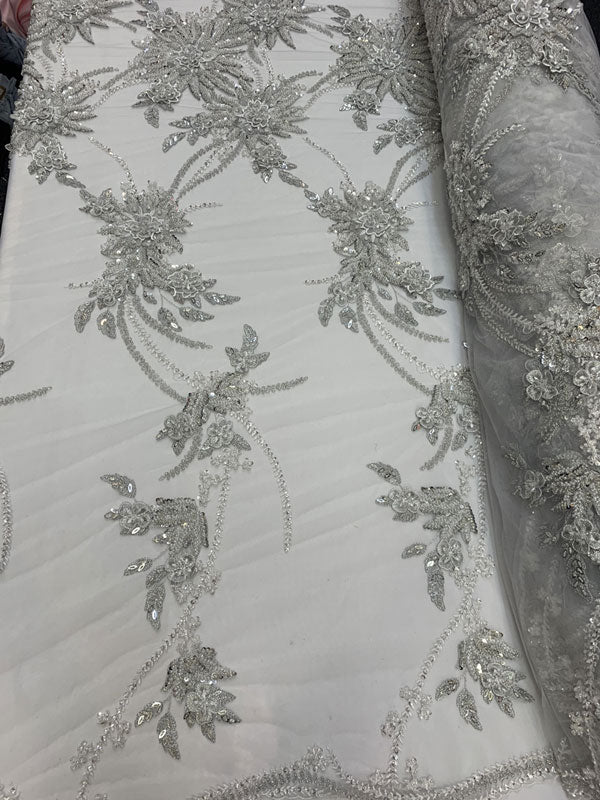 Silver White French Modern 3D Flowers Designer Hand Beading Luxury Mesh Lace FabricICEFABRICICE FABRICSSilver White French Modern 3D Flowers Designer Hand Beading Luxury Mesh Lace Fabric ICEFABRIC