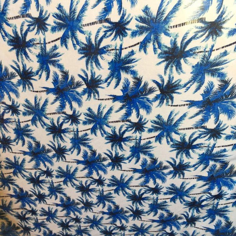 Soft Tropical Black & Blue Palm Trees Patterns Rayon Challis Fabric Sold By The YardICEFABRICICE FABRICSChallis FabricSoft Tropical Black & Blue Palm Trees Patterns Rayon Challis Fabric Sold By The Yard ICEFABRIC