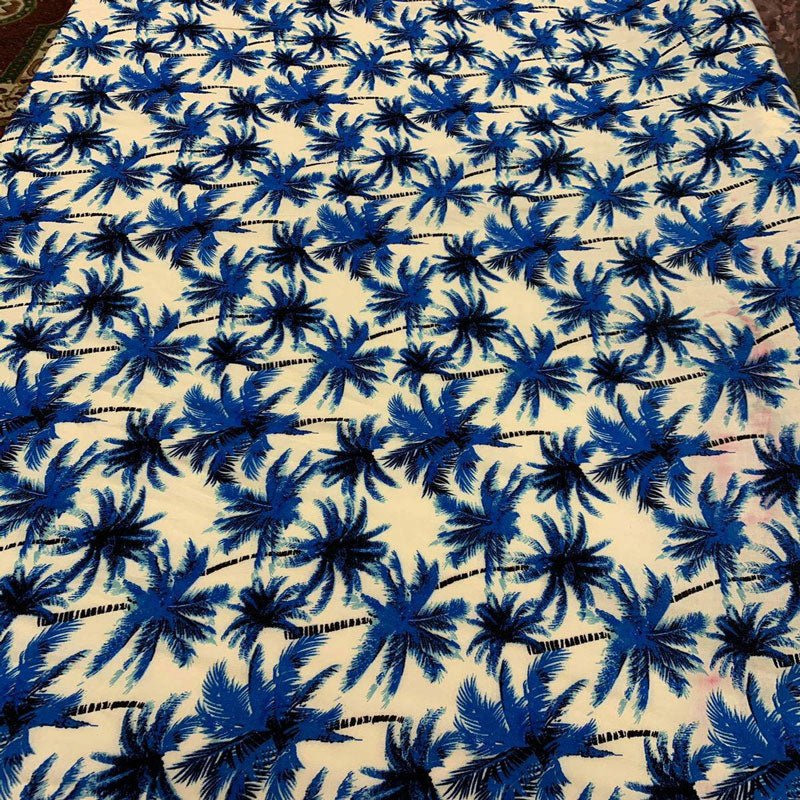 Soft Tropical Black & Blue Palm Trees Patterns Rayon Challis Fabric Sold By The YardICEFABRICICE FABRICSChallis FabricSoft Tropical Black & Blue Palm Trees Patterns Rayon Challis Fabric Sold By The Yard ICEFABRIC