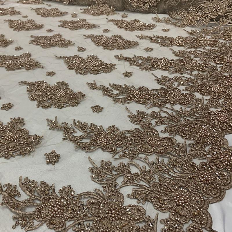 Taupe Beaded Fabric _ Lace Floral embroidered fabric _ Bridal FabricICEFABRICICE FABRICSTaupePer Yard (36 Inches)Taupe Beaded Fabric _ Lace Floral embroidered fabric _ Bridal Fabric ICEFABRIC