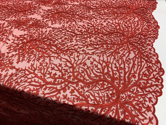 Tree Design Floral Embroidered Mesh Lace Fabric Sold By The YardICEFABRICICE FABRICSRedTree Design Floral Embroidered Mesh Lace Fabric Sold By The Yard ICEFABRIC