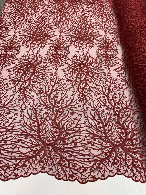 Tree Design Floral Embroidered Mesh Lace Fabric Sold By The YardICEFABRICICE FABRICSBurgundyTree Design Floral Embroidered Mesh Lace Fabric Sold By The Yard ICEFABRIC