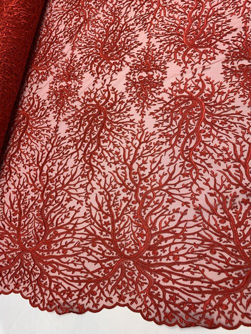 Tree Design Floral Embroidered Mesh Lace Fabric Sold By The YardICEFABRICICE FABRICSRedTree Design Floral Embroidered Mesh Lace Fabric Sold By The Yard ICEFABRIC