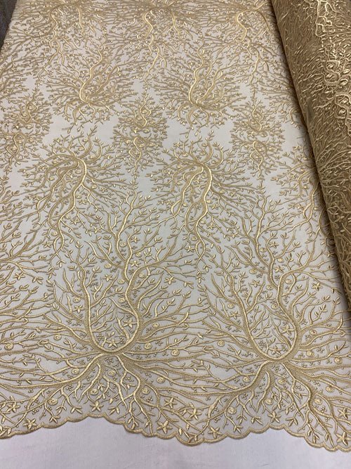 Tree Design Floral Embroidered Mesh Lace Fabric Sold By The YardICEFABRICICE FABRICSLight GoldTree Design Floral Embroidered Mesh Lace Fabric Sold By The Yard ICEFABRIC