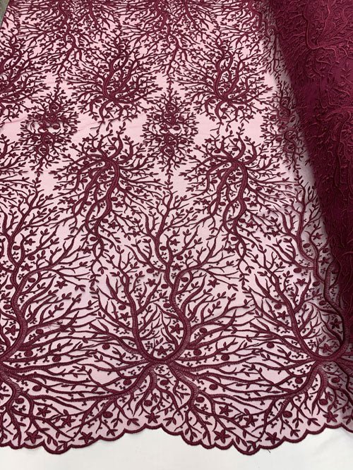 Tree Design Floral Embroidered Mesh Lace Fabric Sold By The YardICEFABRICICE FABRICSMagentaTree Design Floral Embroidered Mesh Lace Fabric Sold By The Yard ICEFABRIC