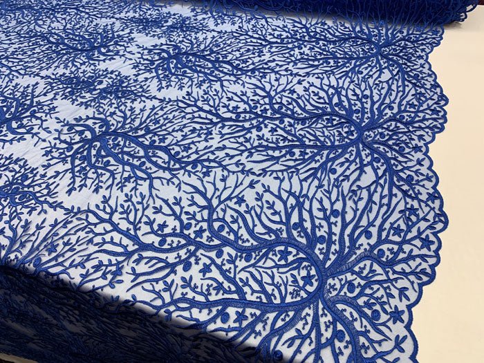 Tree Design Floral Embroidered Mesh Lace Fabric Sold By The YardICEFABRICICE FABRICSRoyal BlueTree Design Floral Embroidered Mesh Lace Fabric Sold By The Yard ICEFABRIC