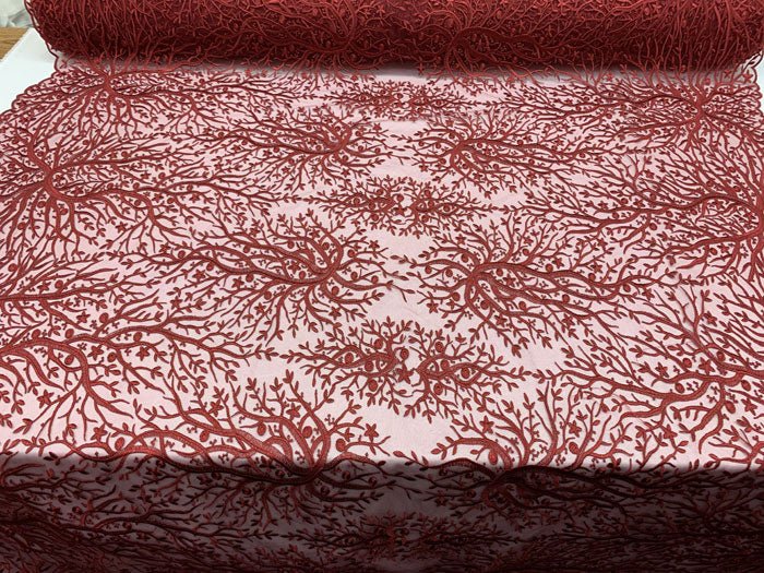 Tree Design Floral Embroidered Mesh Lace Fabric Sold By The YardICEFABRICICE FABRICSBurgundyTree Design Floral Embroidered Mesh Lace Fabric Sold By The Yard ICEFABRIC