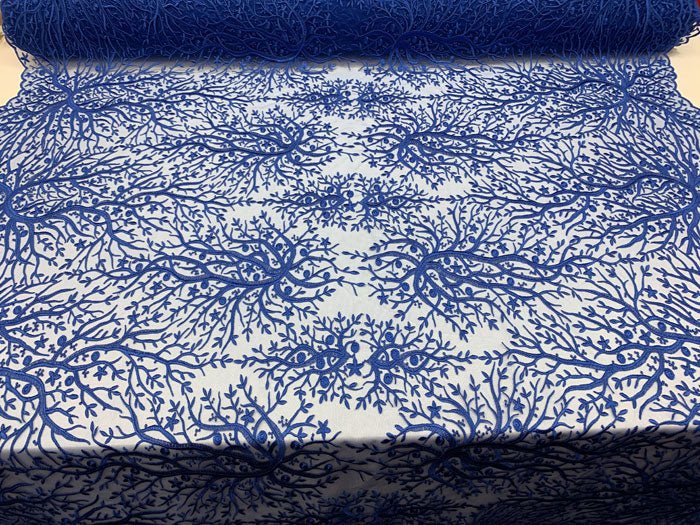 Tree Design Floral Embroidered Mesh Lace Fabric Sold By The YardICEFABRICICE FABRICSRoyal BlueTree Design Floral Embroidered Mesh Lace Fabric Sold By The Yard ICEFABRIC