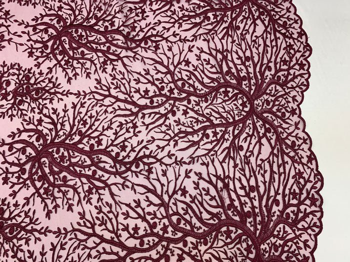 Tree Design Floral Embroidered Mesh Lace Fabric Sold By The YardICEFABRICICE FABRICSMagentaTree Design Floral Embroidered Mesh Lace Fabric Sold By The Yard ICEFABRIC