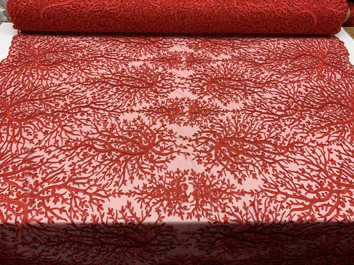 Tree Design Floral Embroidered Mesh Lace Fabric Sold By The YardICEFABRICICE FABRICSRedTree Design Floral Embroidered Mesh Lace Fabric Sold By The Yard ICEFABRIC