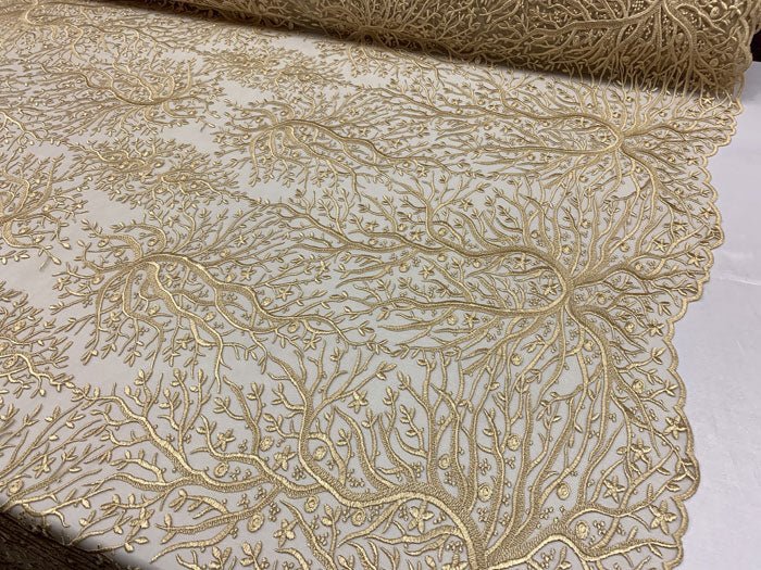 Tree Design Floral Embroidered Mesh Lace Fabric Sold By The YardICEFABRICICE FABRICSLight GoldTree Design Floral Embroidered Mesh Lace Fabric Sold By The Yard ICEFABRIC