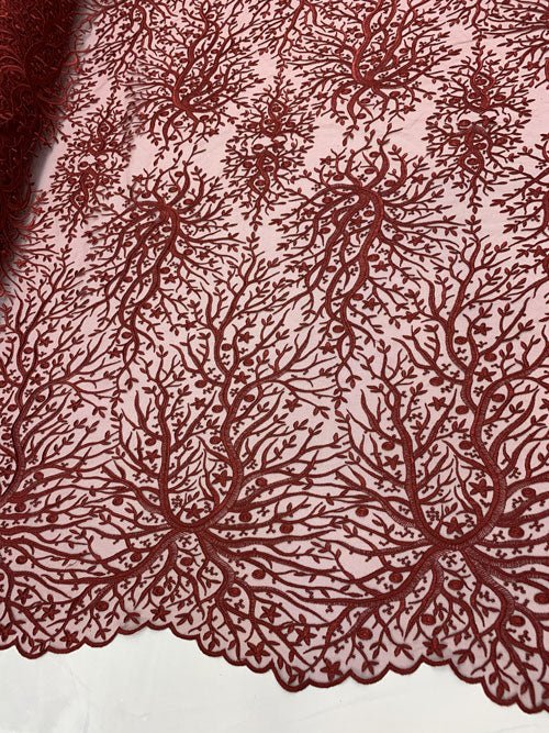 Tree Design Floral Embroidered Mesh Lace Fabric Sold By The YardICEFABRICICE FABRICSBurgundyTree Design Floral Embroidered Mesh Lace Fabric Sold By The Yard ICEFABRIC