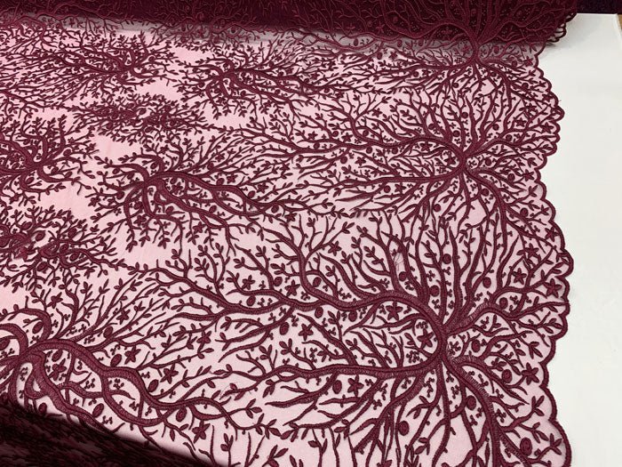 Tree Design Floral Embroidered Mesh Lace Fabric Sold By The YardICEFABRICICE FABRICSMagentaTree Design Floral Embroidered Mesh Lace Fabric Sold By The Yard ICEFABRIC