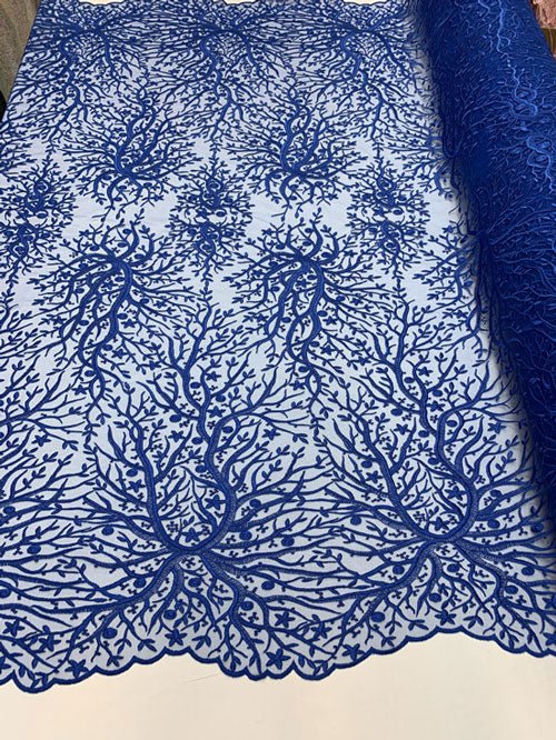 Tree Design Floral Embroidered Mesh Lace Fabric Sold By The YardICEFABRICICE FABRICSRoyal BlueTree Design Floral Embroidered Mesh Lace Fabric Sold By The Yard ICEFABRIC