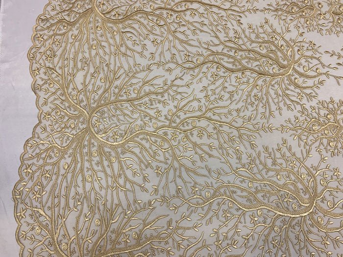 Tree Design Floral Embroidered Mesh Lace Fabric Sold By The YardICEFABRICICE FABRICSLight GoldTree Design Floral Embroidered Mesh Lace Fabric Sold By The Yard ICEFABRIC