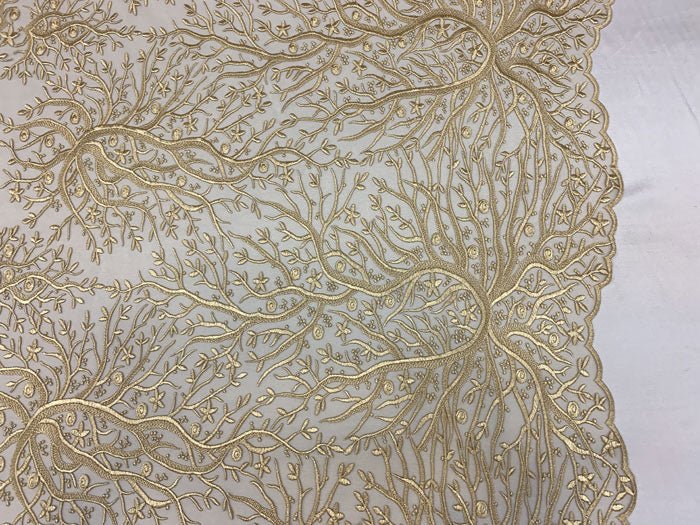 Tree Design Floral Embroidered Mesh Lace Fabric Sold By The YardICEFABRICICE FABRICSLight GoldTree Design Floral Embroidered Mesh Lace Fabric Sold By The Yard ICEFABRIC