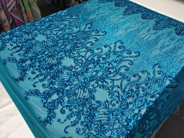 Turquoise Luxury Design Embroidered 4 Way Stretch Sequin Fabric Sold By The YardICE FABRICSICE FABRICSTurquoise Luxury Design Embroidered 4 Way Stretch Sequin Fabric Sold By The Yard ICE FABRICS