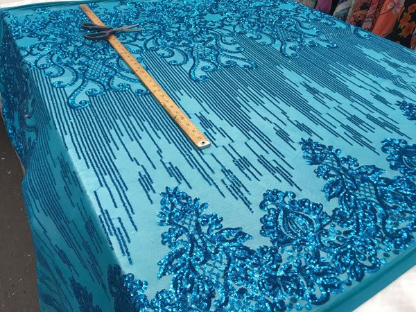 Turquoise Luxury Design Embroidered 4 Way Stretch Sequin Fabric Sold By The YardICE FABRICSICE FABRICSTurquoise Luxury Design Embroidered 4 Way Stretch Sequin Fabric Sold By The Yard ICE FABRICS