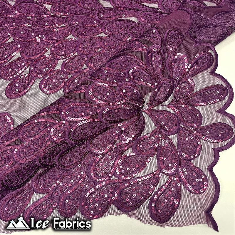 Vegas Peacock Sequin Lace Fabric on Mesh Fashion FabricICE FABRICSICE FABRICSSold by 3 Panels (56" Wide)PlumVegas Peacock Sequin Lace Fabric on Mesh Fashion Fabric ICE FABRICS