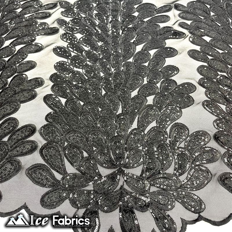 Vegas Peacock Sequin Lace Fabric on Mesh Fashion Fabric Black