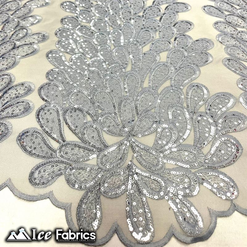 Vegas Peacock Sequin Lace Fabric on Mesh Fashion FabricICE FABRICSICE FABRICSSold by 3 Panels (56" Wide)SilverVegas Peacock Sequin Lace Fabric on Mesh Fashion Fabric ICE FABRICS