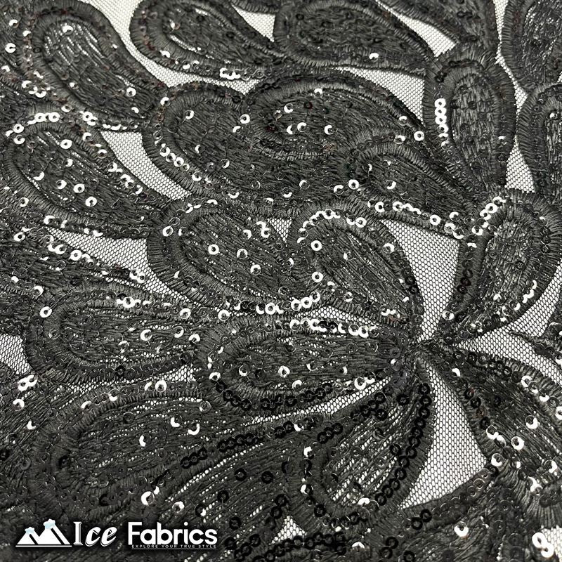 Vegas Peacock Sequin Lace Fabric on Mesh Fashion Fabric Black