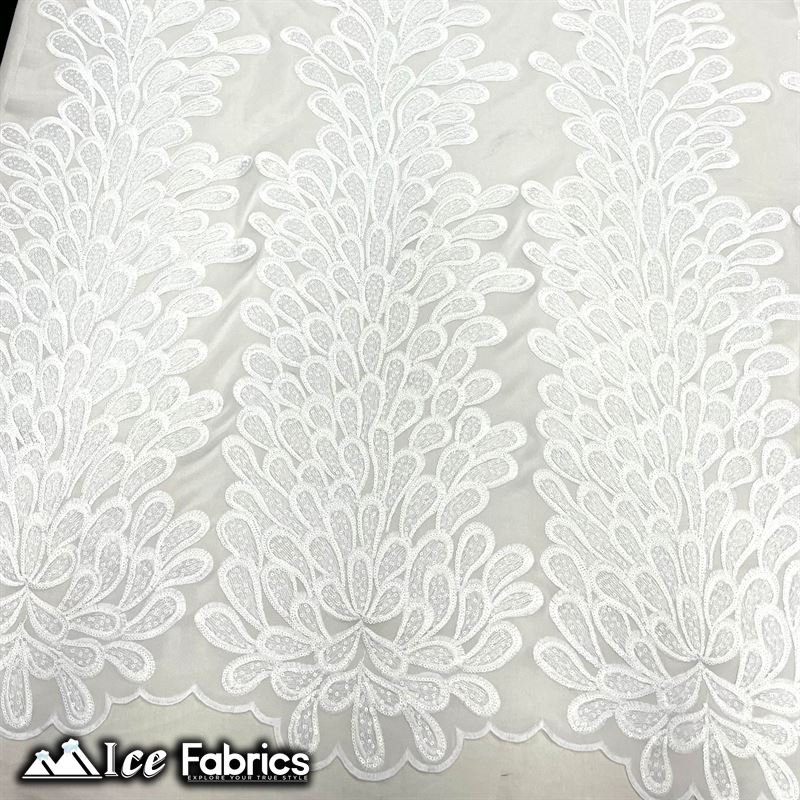 Vegas Peacock Sequin Lace Fabric on Mesh Fashion FabricICE FABRICSICE FABRICSSold by 3 Panels (56" Wide)WhiteVegas Peacock Sequin Lace Fabric on Mesh Fashion Fabric ICE FABRICS