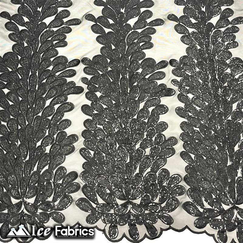 Vegas Peacock Sequin Lace Fabric on Mesh Fashion Fabric Black