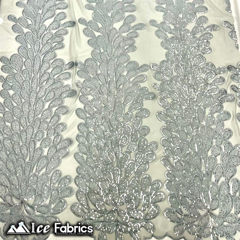 Vegas Peacock Sequin Lace Fabric on Mesh Fashion FabricICE FABRICSICE FABRICSSold by 3 Panels (56" Wide)SilverVegas Peacock Sequin Lace Fabric on Mesh Fashion Fabric ICE FABRICS