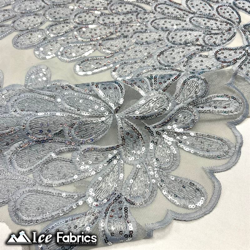 Vegas Peacock Sequin Lace Fabric on Mesh Fashion FabricICE FABRICSICE FABRICSSold by 3 Panels (56" Wide)SilverVegas Peacock Sequin Lace Fabric on Mesh Fashion Fabric ICE FABRICS