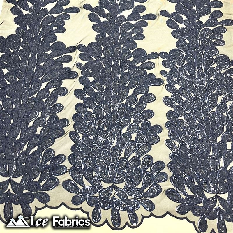 Vegas Peacock Sequin Lace Fabric on Mesh Fashion Fabric Navy Blue