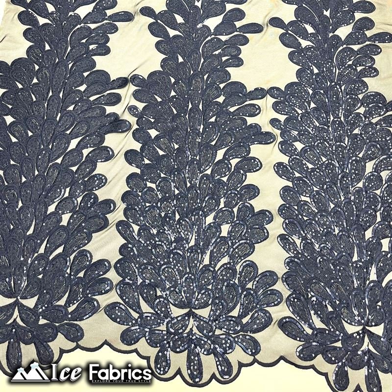 Vegas Peacock Sequin Lace Fabric on Mesh Fashion Fabric Navy Blue