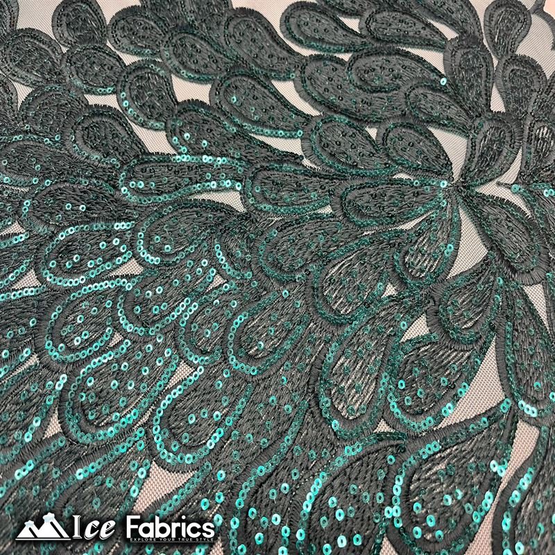 Vegas Peacock Sequin Lace Fabric on Mesh Fashion FabricICE FABRICSICE FABRICSSold by 3 Panels (56" Wide)Hunter GreenVegas Peacock Sequin Lace Fabric on Mesh Fashion Fabric ICE FABRICS