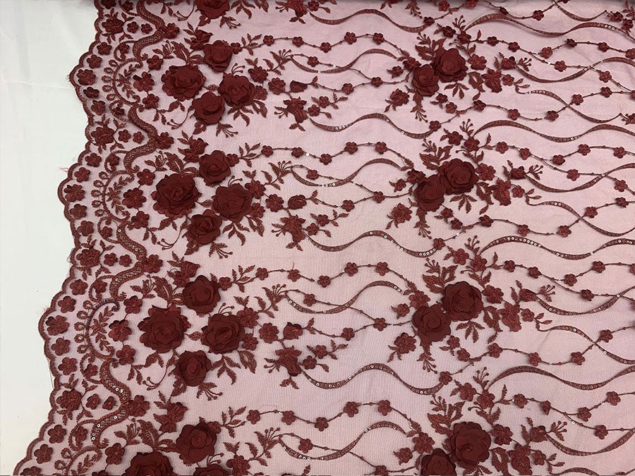 Veil Gowns Handmade 3D Flowers Mesh Floral Lace Fabric By The YardICEFABRICICE FABRICSBurgundyVeil Gowns Handmade 3D Flowers Mesh Floral Lace Fabric By The Yard ICEFABRIC