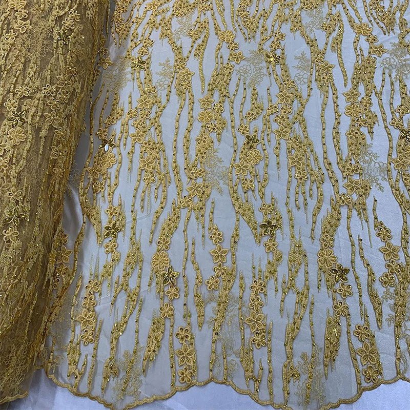 Wedding Lace Hand Beading Mini Floral Mesh Lace With Sequins FabricICEFABRICICE FABRICSYELLOWWedding Lace Hand Beading Mini Floral Mesh Lace With Sequins Fabric ICEFABRIC