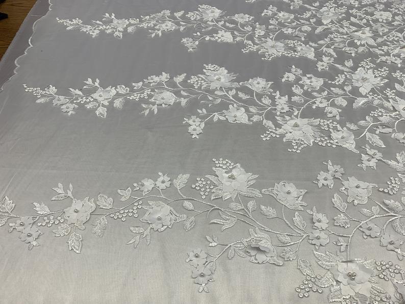 White 3D Flowers Embroidery Beads Fabric / Bridal FabricICE FABRICSICE FABRICSWhite 3D Flowers Embroidery Beads Fabric / Bridal Fabric ICE FABRICS