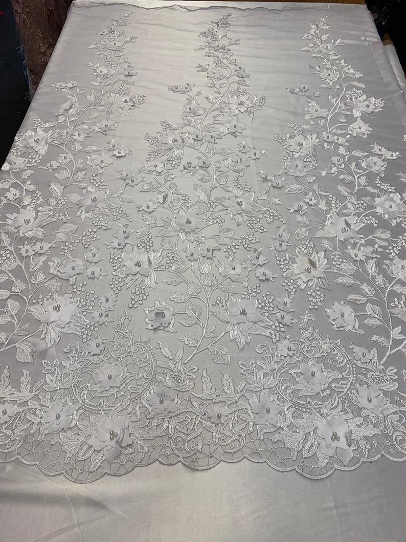 White 3D Flowers Embroidery Beads Fabric / Bridal FabricICE FABRICSICE FABRICSWhite 3D Flowers Embroidery Beads Fabric / Bridal Fabric ICE FABRICS
