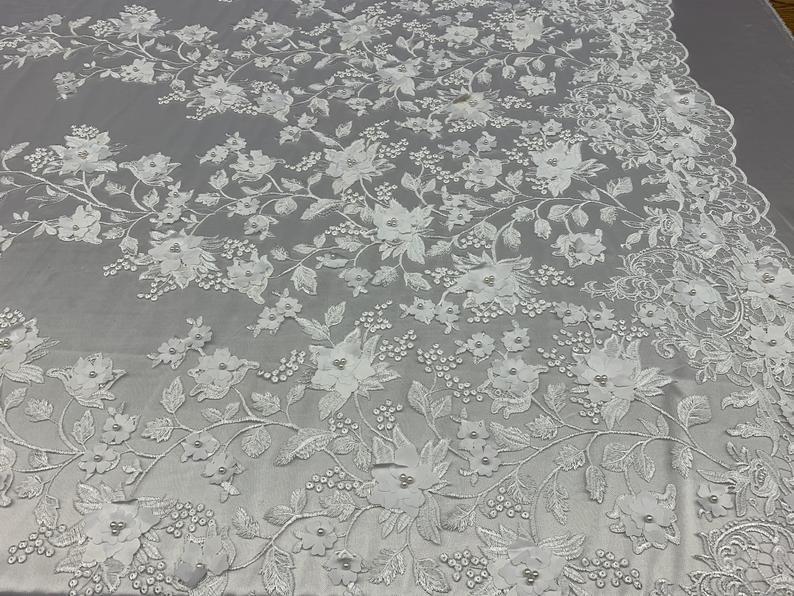 White 3D Flowers Embroidery Beads Fabric / Bridal FabricICE FABRICSICE FABRICSWhite 3D Flowers Embroidery Beads Fabric / Bridal Fabric ICE FABRICS