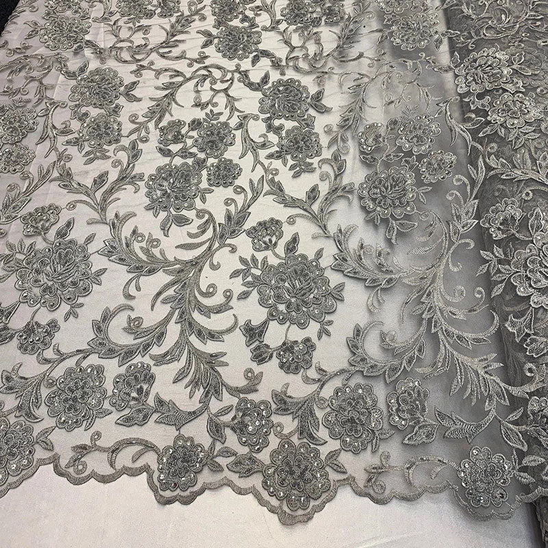 Hand Beaded Lace Fabric - Embroidery Floral Lace With Sequins And FlowersICE FABRICSICE FABRICSChampagneHand Beaded Lace Fabric - Embroidery Floral Lace With Sequins And Flowers ICE FABRICS Silver/Gray