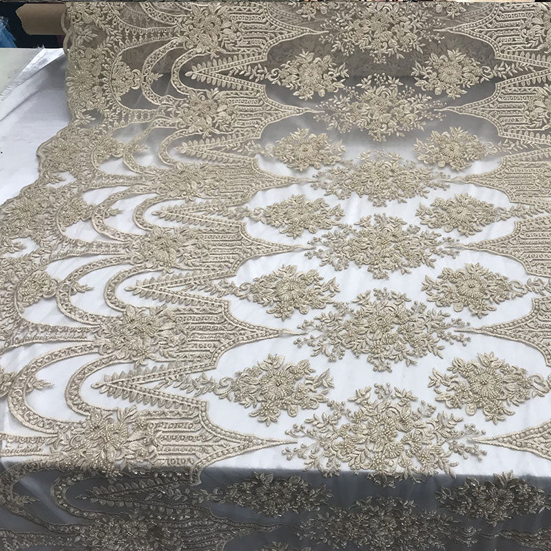 White and Gold Bridal Beaded Designed Floral Embroidered Mesh Lace FabricICE FABRICSICE FABRICSGoldWhite and Gold Bridal Beaded Designed Floral Embroidered Mesh Lace Fabric ICE FABRICS